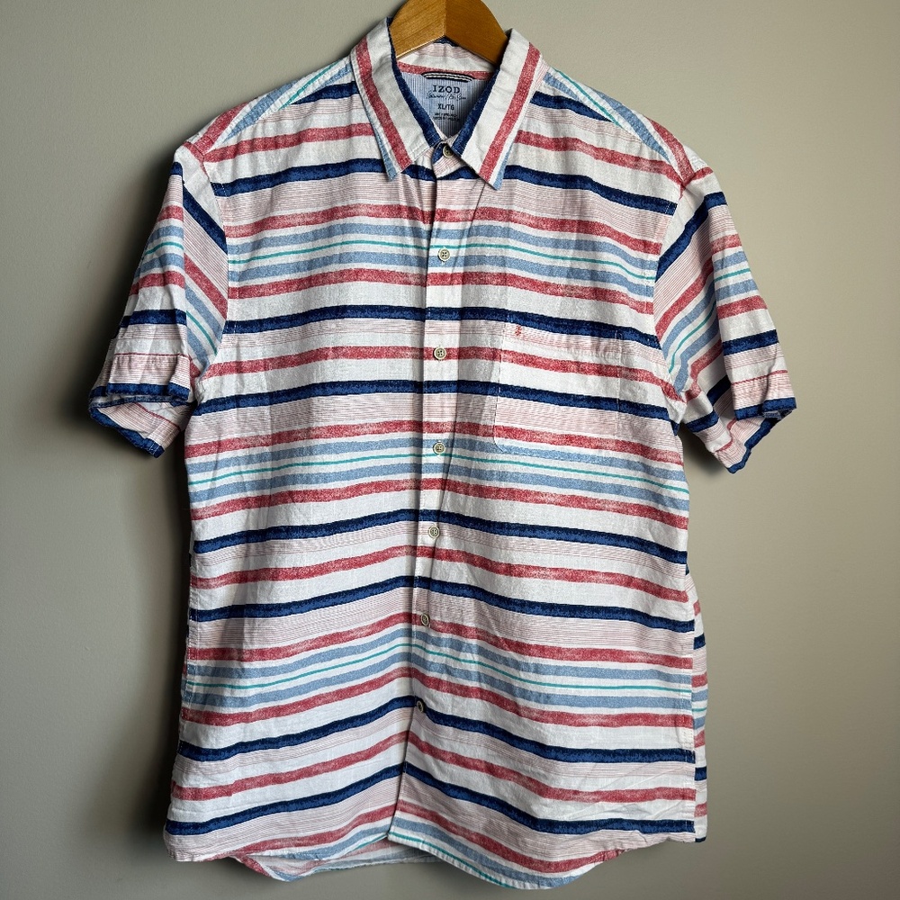 Izod Saltwater Men's Short Sleeve Striped Button Up Shirt Red White Blue Size XL